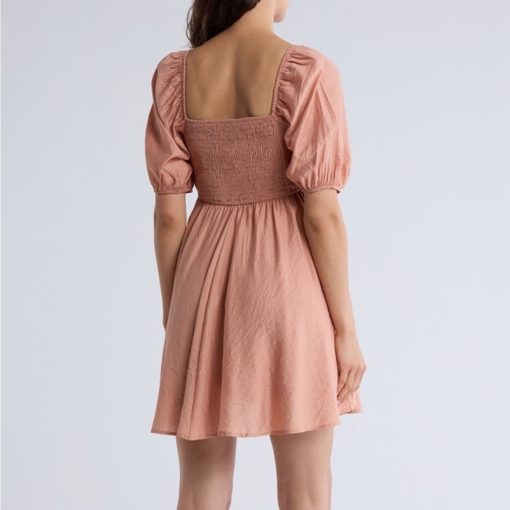 NWT Blu Pepper Peachy Brown Puff Sleeve Pleated Bodice Mini Dress Sz Large - Picture 6 of 9